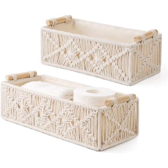 2 pcs Macrame Storage Baskets Boho Decor Box Woven Decorative Countertop Toilet - Picture 1 of 6